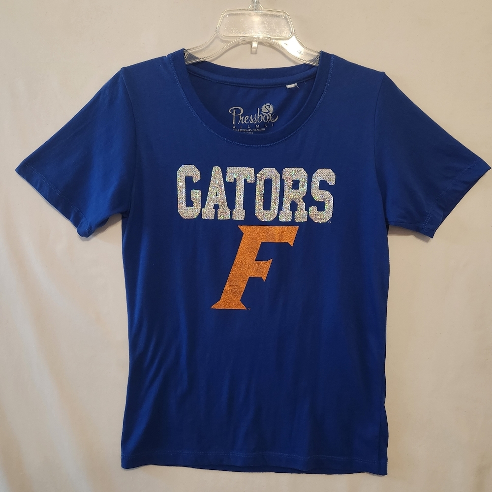 Blue Silver Sequin Metallic Florida Gators Short Sleeve Tee